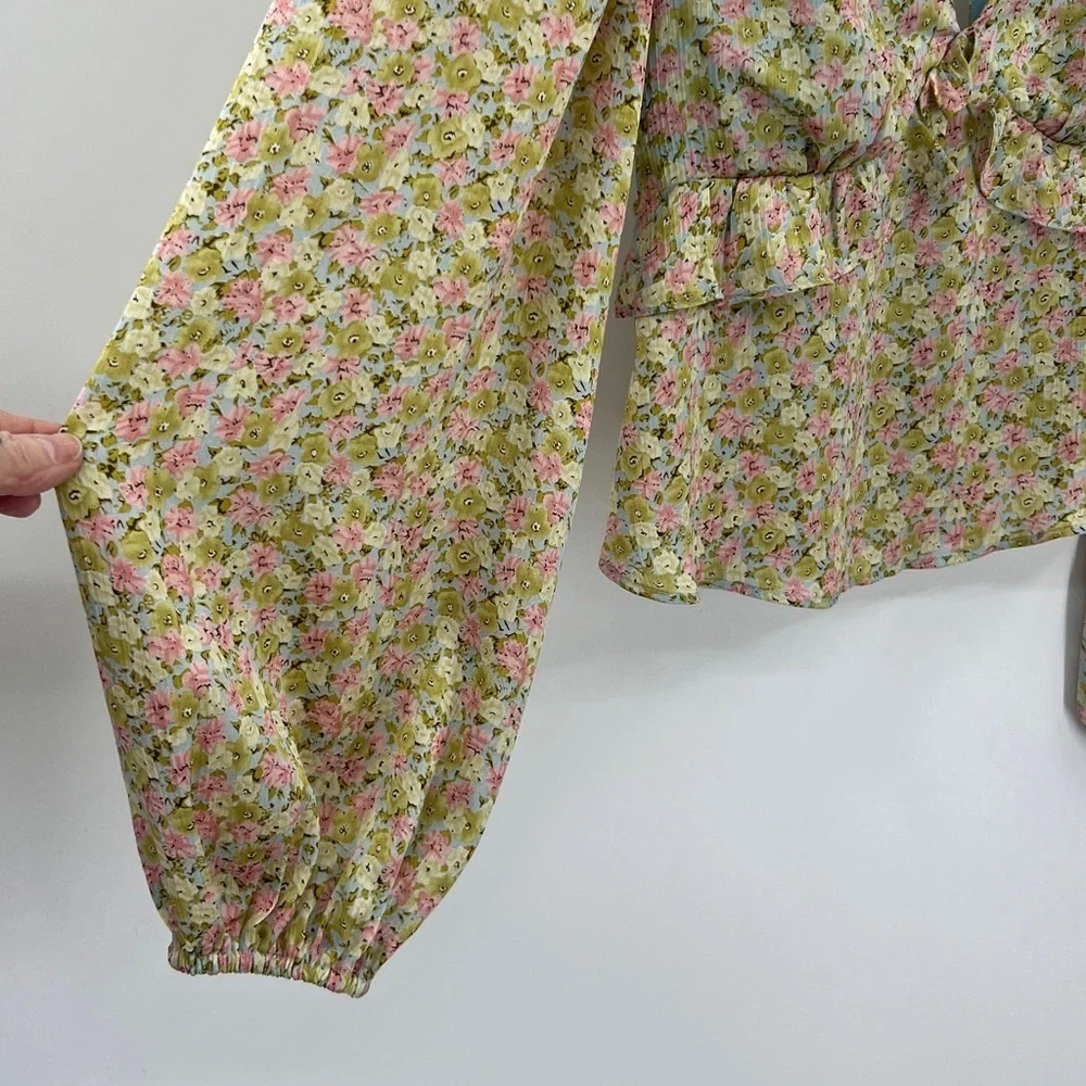 Astr the Label Floral Tie-Back Ruffle Cropped Cottagecore Blouse SZ M